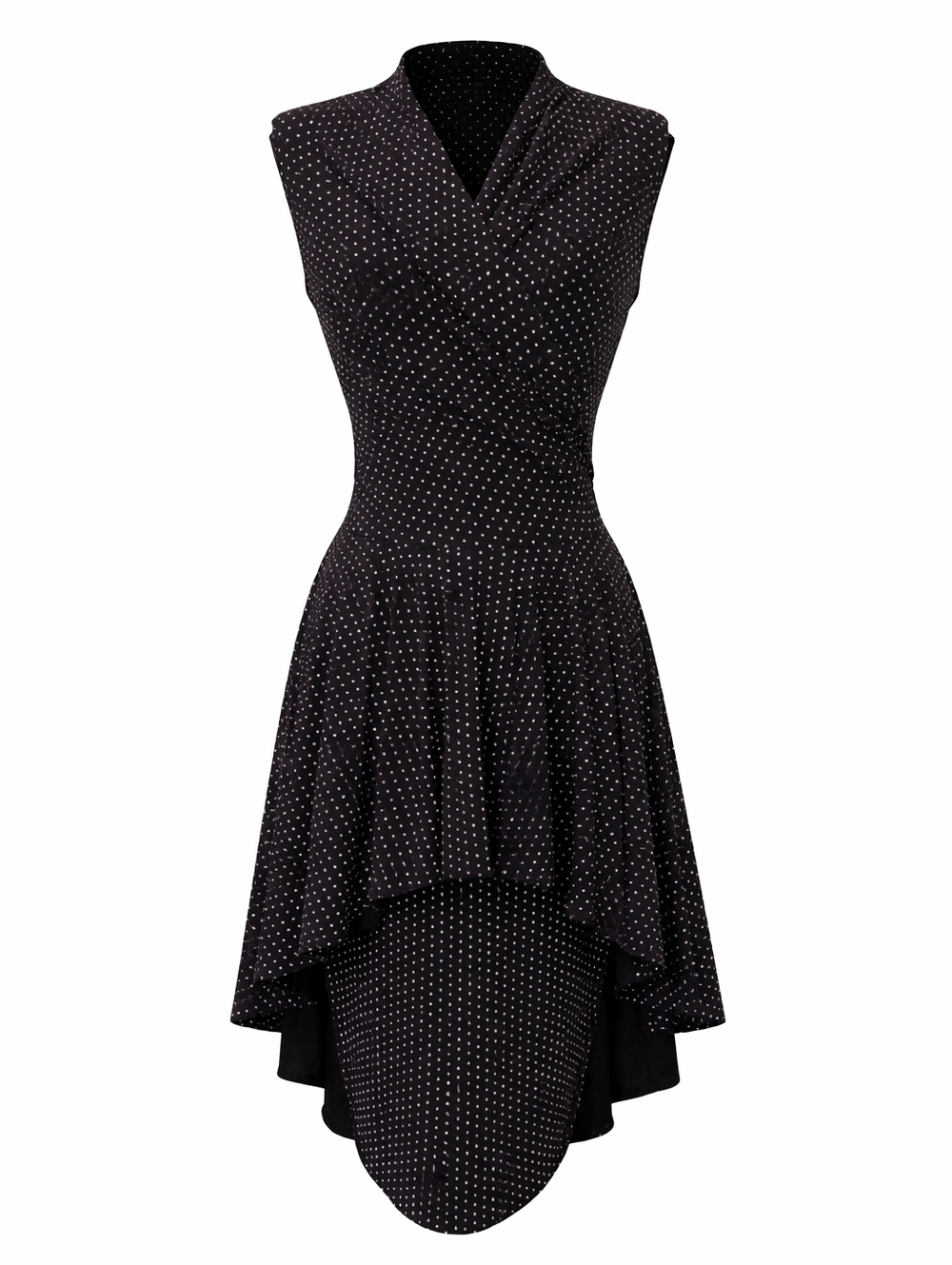 Retro Polka Dot Wrap Dress High Low Hem Sleeveless Fit & Flare Midi Made In USA